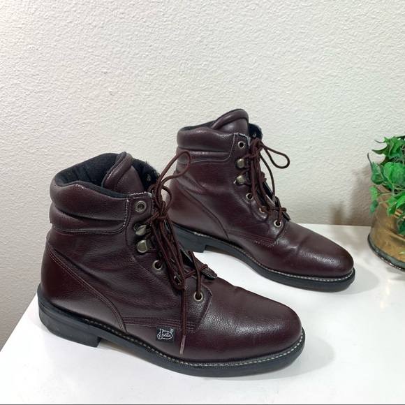 Justin Combat Work Boots Burgundy Man Made Leather - Picture 7 of 13